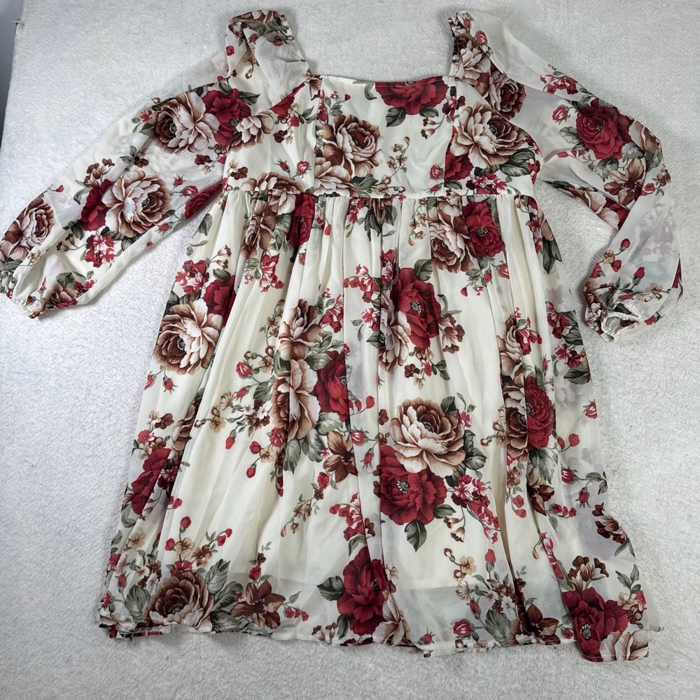 Shein Curve Floral Mini Dress Women 3XL Cream Red Excellent Smocked Back Boho